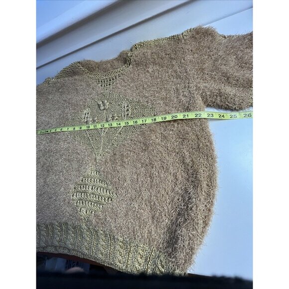 VTG Sweater Crochet Handmade Gold Brown Short sleeves 3d Flower Eye Lashes - Picture 9 of 9